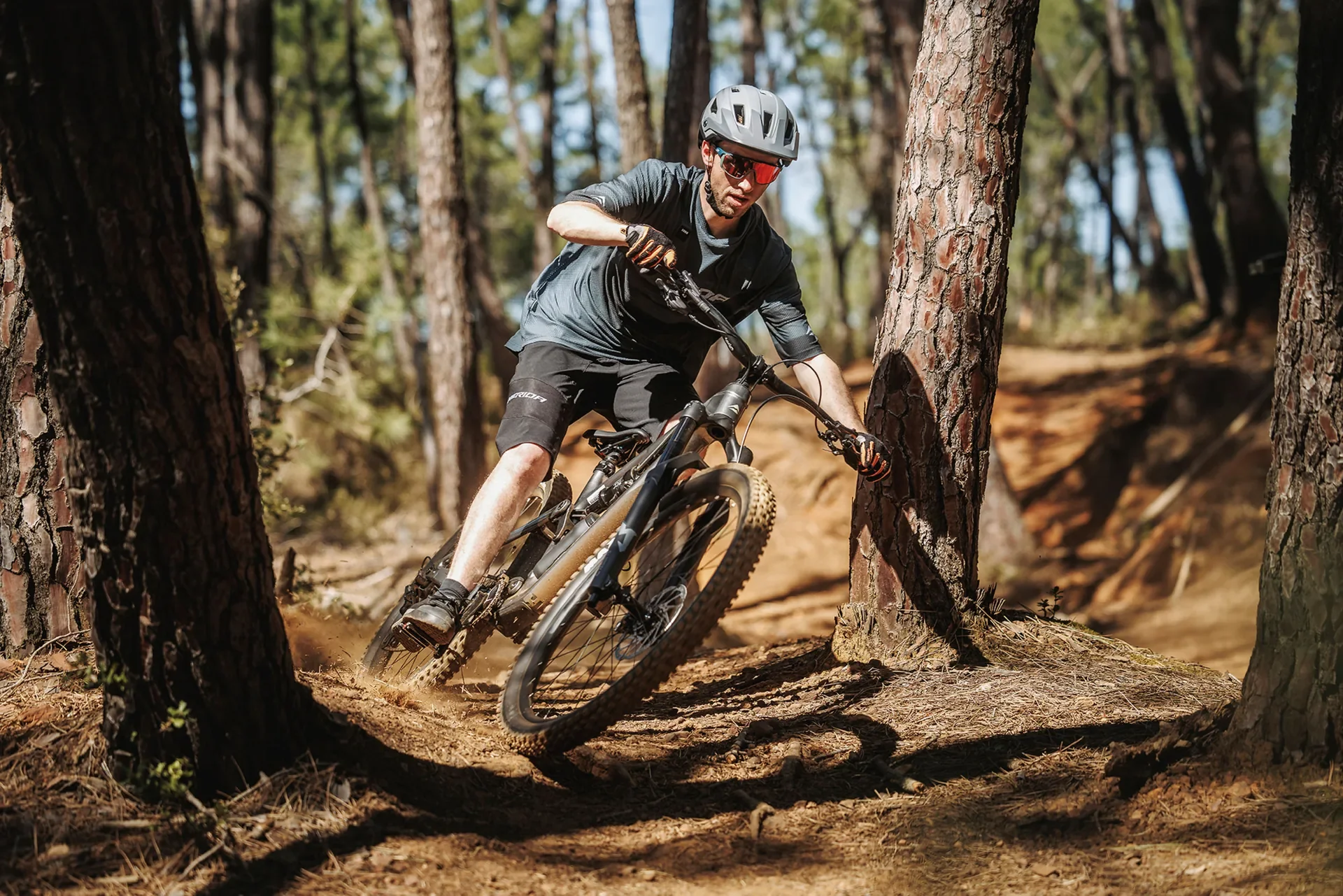 A Merida mountain bike carving through a sunlit forest trail